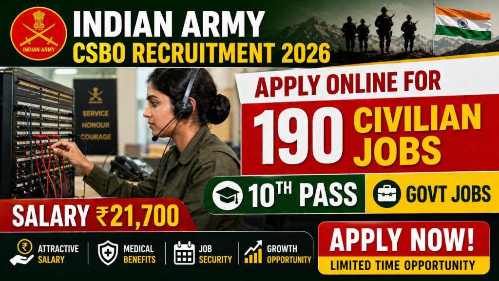 Indian Army CSBO Recruitment 2026 – Apply Online for 190 Civilian Jobs | 10th Pass Govt Jobs, Salary ₹21,700