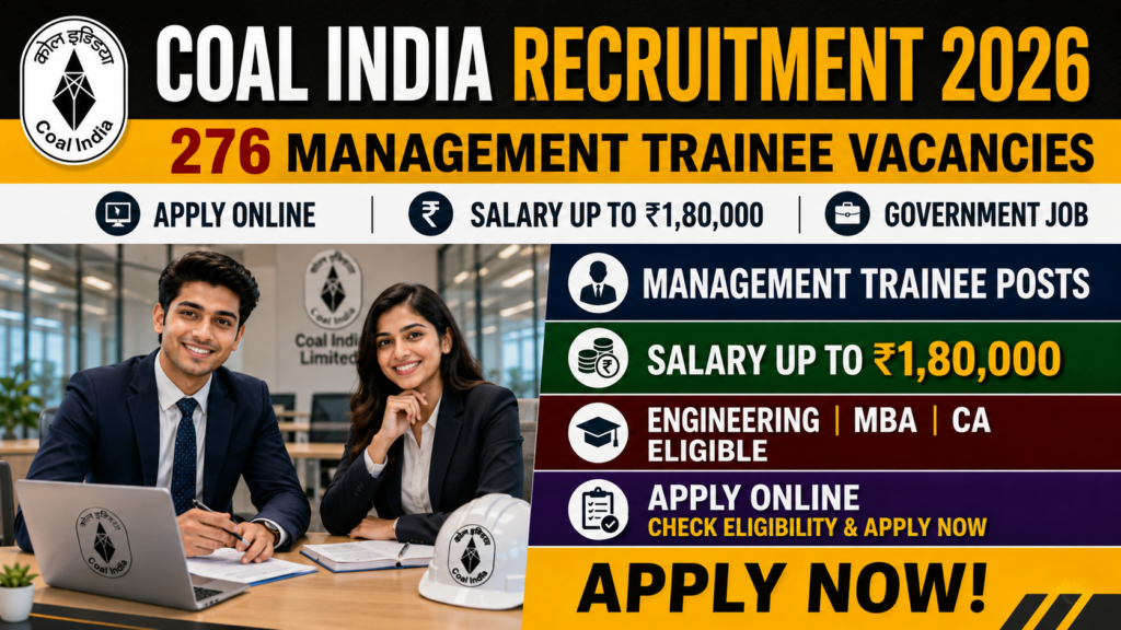 Coal India Recruitment 2026 Apply Online – 276 Management Trainee Vacancies | Salary Up to ₹1,80,000