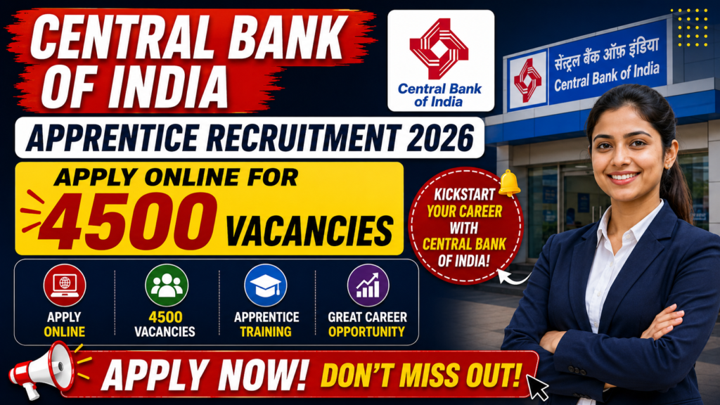 Central Bank of India Apprentice Recruitment 2026 Apply Online for 4500 Vacancies | Graduate Bank Jobs for Freshers