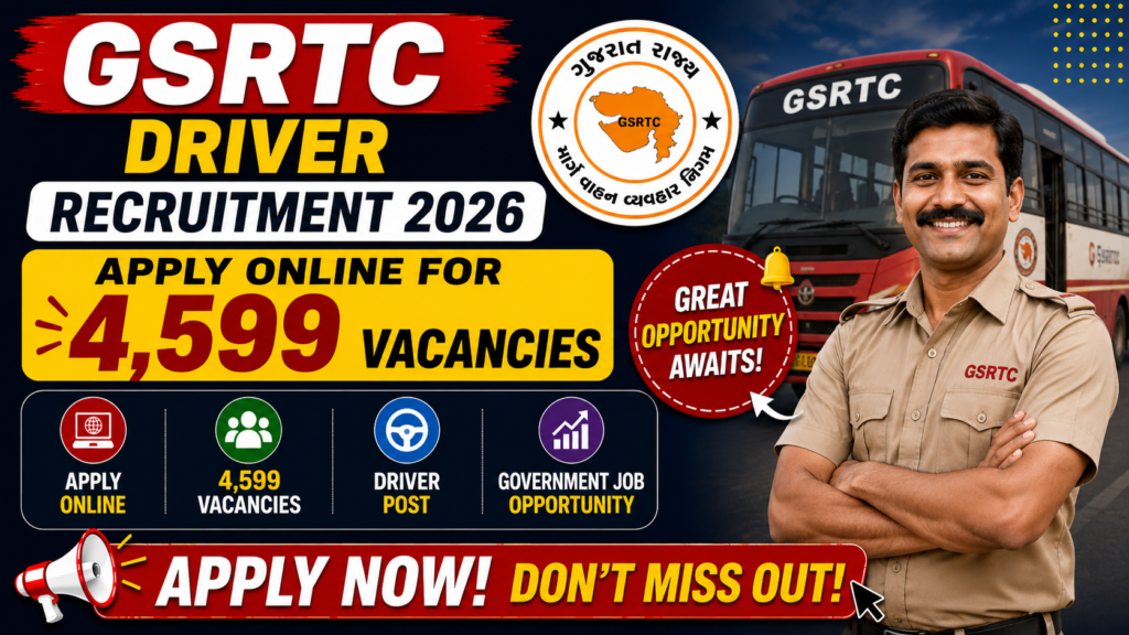 GSRTC Driver Recruitment 2026 Apply Online for 4,599 Vacancies | Gujarat Roadways Driver Jobs Notification