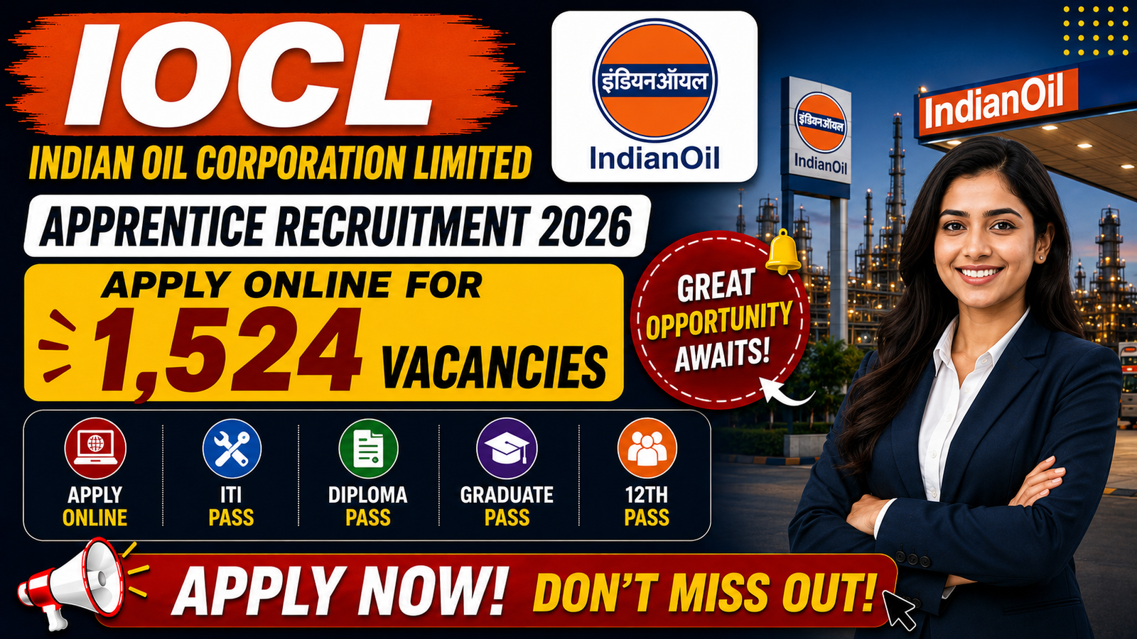 IOCL Apprentice Recruitment 2026 Apply Online for 1,524 Vacancies | ITI, Diploma, Graduate & 12th Pass PSU Jobs