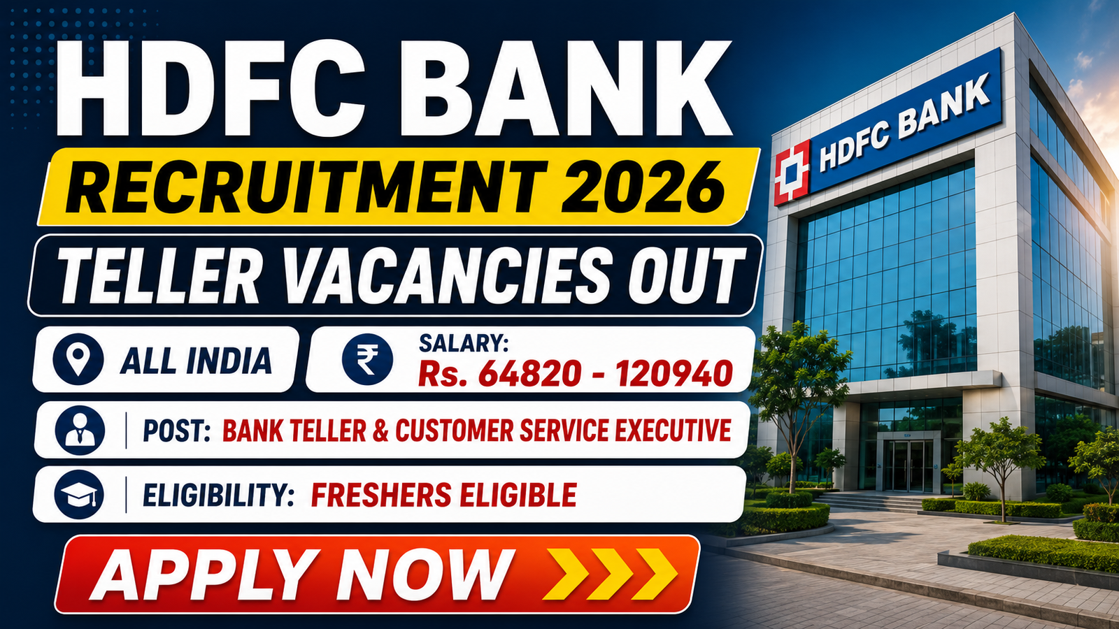 HDFC Bank Teller Recruitment 2026 | Apply Online for Bank Teller & Customer Service Executive Jobs | Freshers Eligible