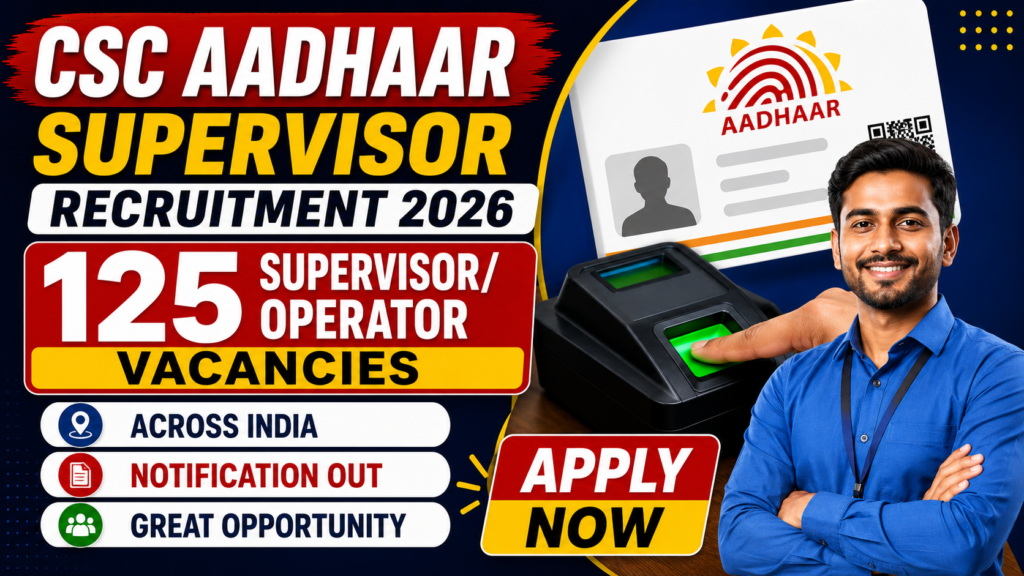 CSC Aadhaar Supervisor Recruitment 2026 Apply Online for 125 Vacancies | 12th Pass, ITI & Diploma Government Jobs